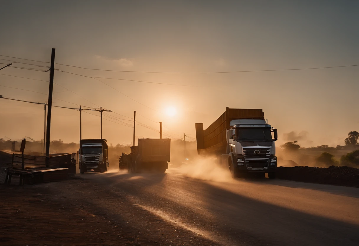 Create a BR with several trucks: Where the trucks are dropping their loads of corn on the street, where there are men loading the loads with wheelbarrows and on top of the trucks, an overpass with other trucks with the drivers outside at dusk of the sun and a sign of welcome to Paranaguá, highlight the sign as the main sign of the entrance to the city in this 8k image