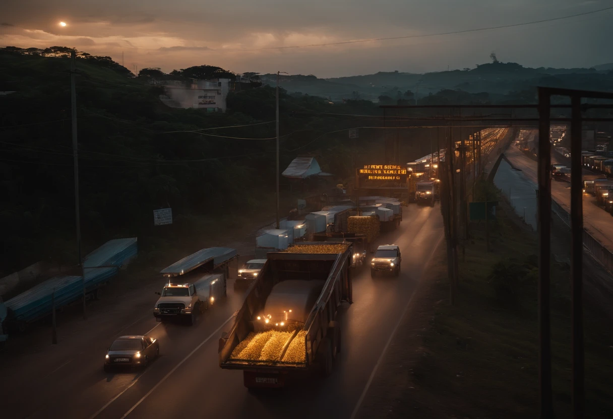 Create a BR with several trucks: Where the trucks are dropping their loads of corn on the street, where there are men loading the loads with wheelbarrows and on top of the trucks, an overpass with other trucks with the drivers outside at dusk of the sun and a sign of welcome to Paranaguá, highlight the sign as the main sign of the entrance to the city in this 8k image