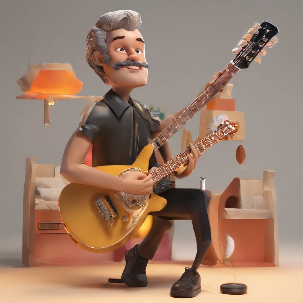 pulando e sorrindo com uma barba pequena cabelo preto cortado bem baixo e na lateral raspado, With a guitar in his hands Disigner graphic scenery, muito microfone e instrumentos a cena..