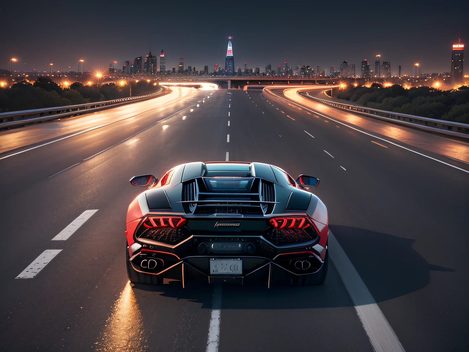超A high resolution、An ultra-high picture quality、8K、Detailed details、marvelous expression、Big city at night、 Lamborghini Huracan(METALIC RED)Driving on the highway、Turn on the headlights、Ride beautifully through the highway at night、