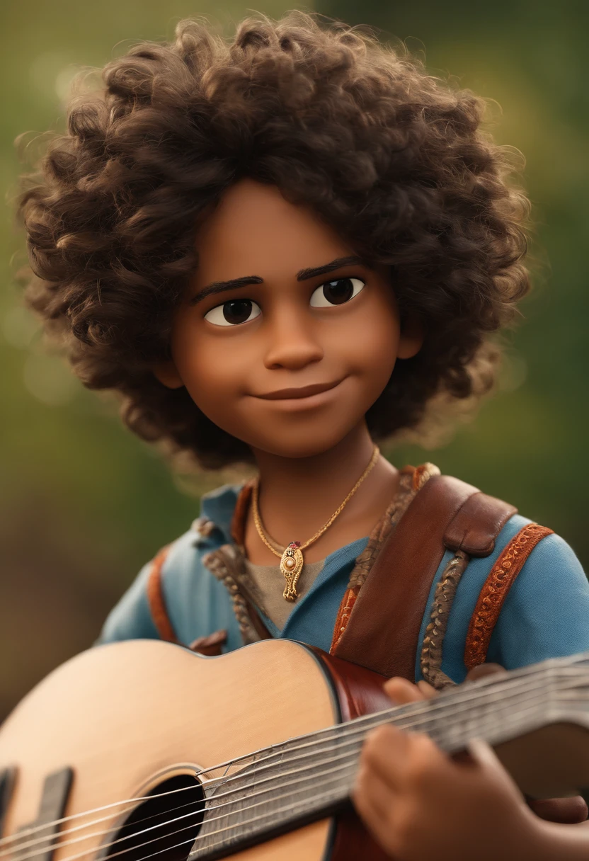 crie um banner no estilo Pixar. A boy with Indian features, moreno pardo com cabelos curtos, Castanhos escuros, Curly and slightly grayish appearance, mas jovem, usando uma camiseta, Wearing jeans and holding a classical guitar with 7 strings.