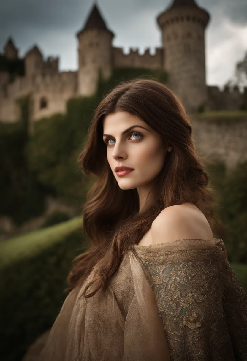 Alexandra Anna Daddario in front of a medieval castle, showing her , perfect eyes, beautiful face