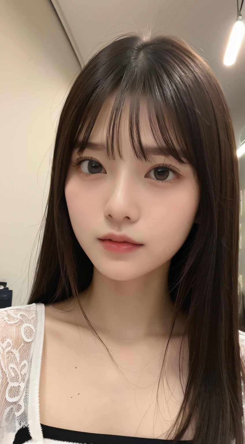 ((top-quality、8K、​masterpiece:1.5))、One girl、(Unhealthy face)、(Letter to)、Blunt bangs、(Lots of bangs:1.3)、(full body Esbian:1.4)、(Symmetrical face)、hyperdetailed face、Ultra detailed mouth、A detailed eye、Detailed ears、Slim Faces、(selfee:1.3)、(off shoulders)、(Armpit)、(Looking Up)、(From  above)、(Straight long hair、Ahoge:1.3)、(Upper Eyes)、the background is blurred、(croptop、cleavage of the breast:1.1)、(Grab your chest:1.5)、lipgloss、(Beauty Salon)、(profetional lighting)、