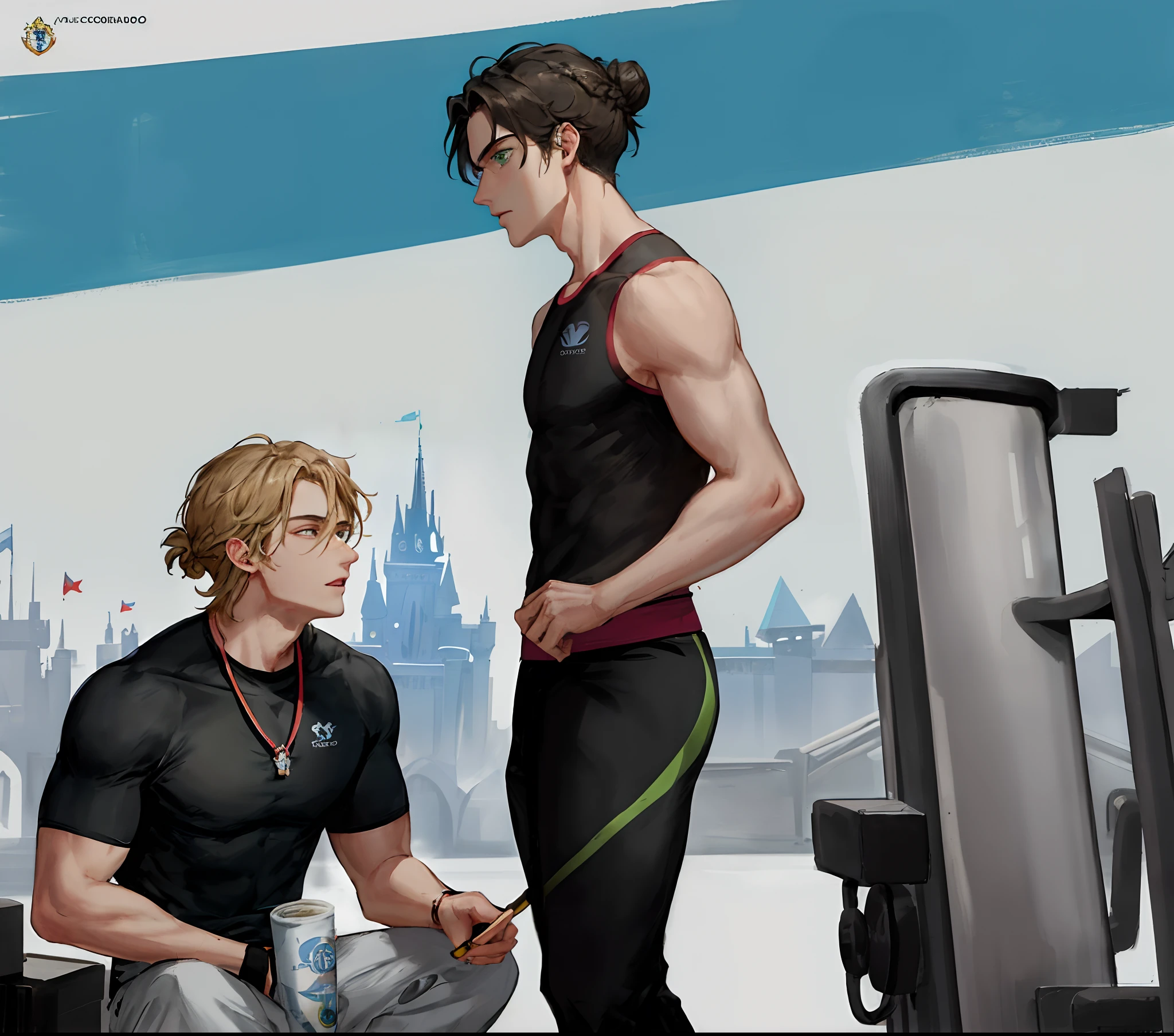 create a Disney Pixar-style poster of a tall man, corpo malhado, but not too strong, light skin, green eyes, short brown hair, with a topknot in the front, personal trainer com fundo de academia.