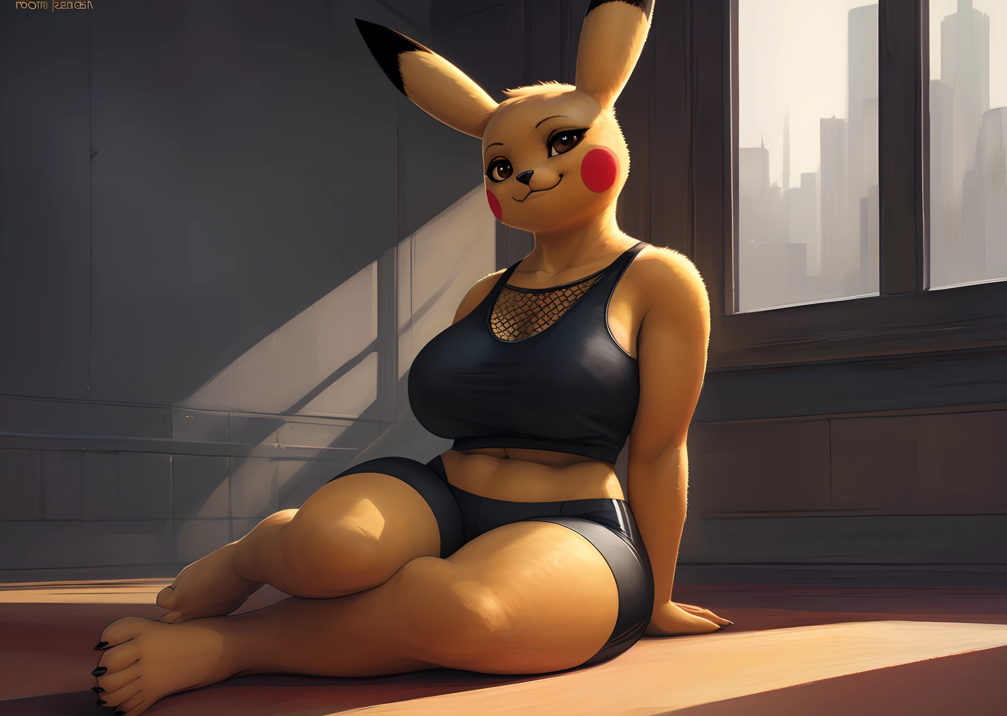 [pikachu], [Uploaded to e621.net; (Pixelsketcher), (napalm_express), (twistedterra)], ((masterpiece)), ((Hd)), ((solo portrait)), ((furry; anthro)), ((detailed shading)), ((beautiful render art)), ((cinematic lighting)), ((intricate details)), {anthro; yellow fur, black nose, pointed pikachu ears, red pikachu cheeks, female pikachu tail, cute brown eyes, (half-closed eyes), (large boobs), (gorgeous wide hips), (thick thighs), (beautiful legs), (beautiful feet), (smug smirk)}, {(orange tank top), (nipple outline), (midriff), (black spandex yoga shorts), (black toeless socks)}, {(sitting), (hands behind back), (legs spread open), (looking at viewer)}, [background; (open room), (wrestling mat), (window), (ambient lighting)]