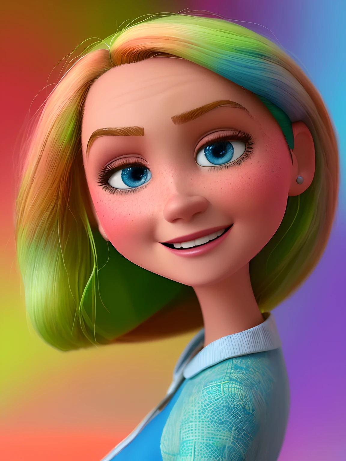 pixarstyle um retrato na altura da cintura de uma mulher loira, branca, de olhos verdes com um jaleco rosa, sorriso, office, textura natural da pele, texturas 4k, hdr, intrincado, altamente detalhado, foco nítido, cinematic visual, hiperdetalhado