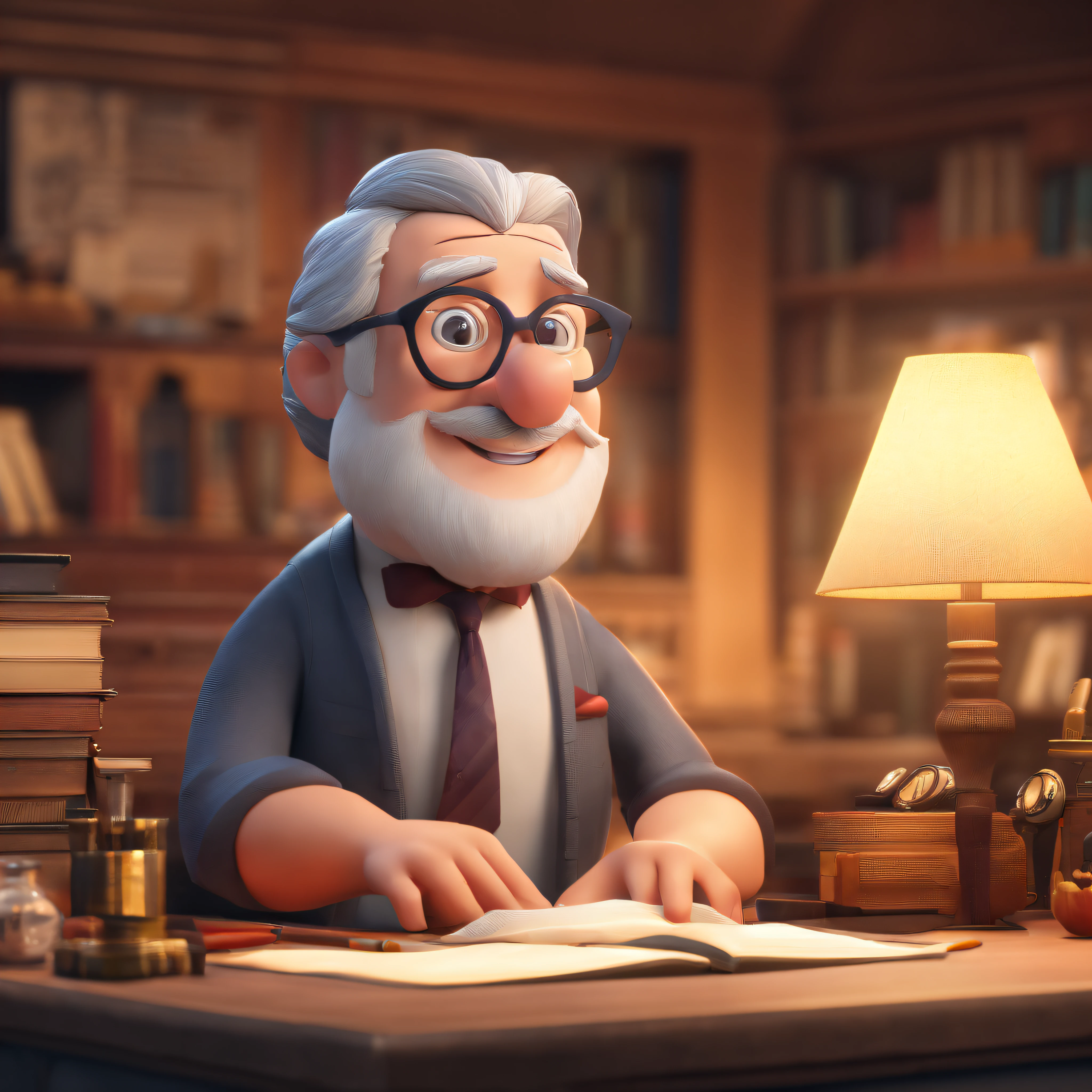 Crie um cartaz inspirado na Disney Pixar com o personagem sendo o pastor Rubens Janier, A gray-haired man wearing glasses, in an office with a Bible on the table
