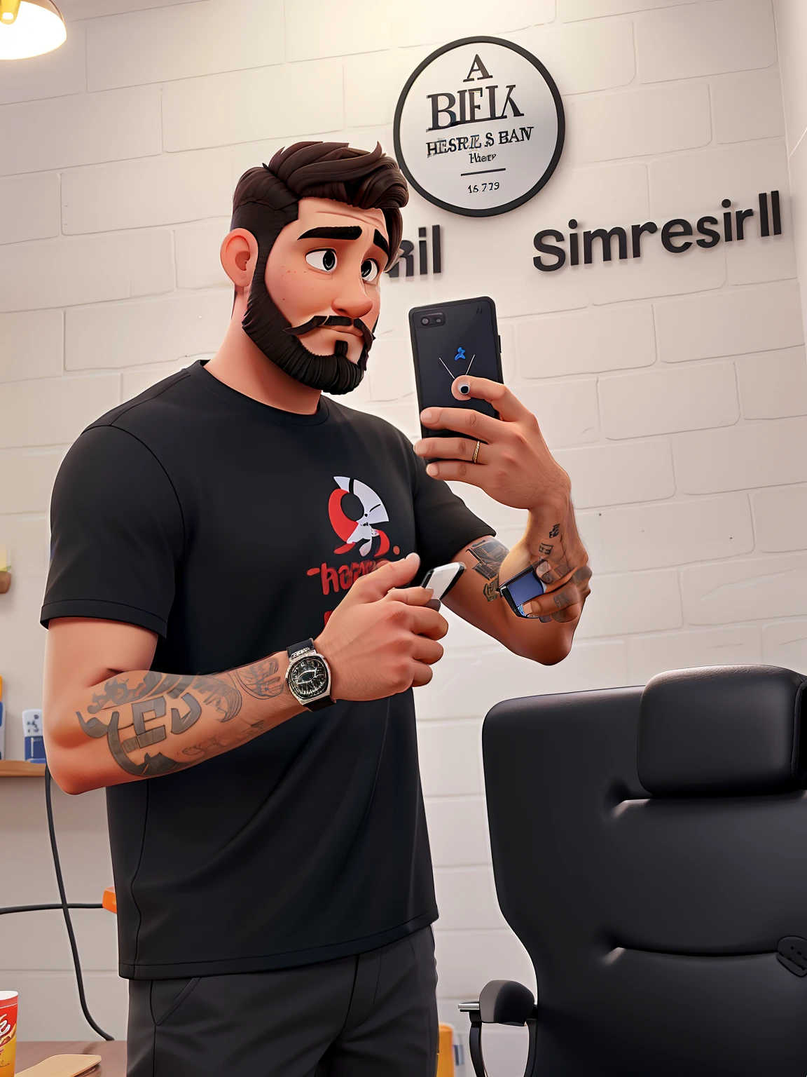 A man in a black shirt in a barbershop, short hair and beard with his cell phone in his hand