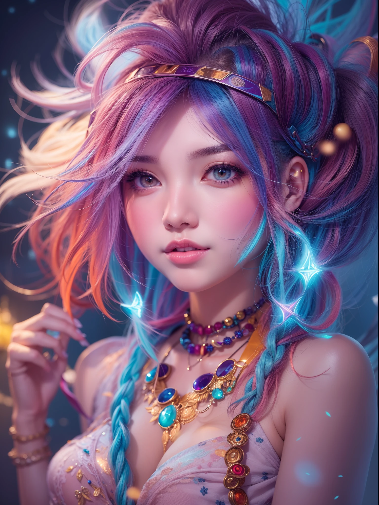 Close-up of a woman with colorful hair and necklace, anime girl with cosmic hair, Rossdraws' soft vitality, Guvez style artwork, fantasy art style, colorful], Halloween illustration, vibrant fantasy style, Rossdraws cartoon full of vitality, cosmic and colorful, Guweiz, colorful digital fantasy art, stunning art style, beautiful anime style, full body lighting, skin brightening, sexy expression, shot with sony alpha 7, DSLR camera