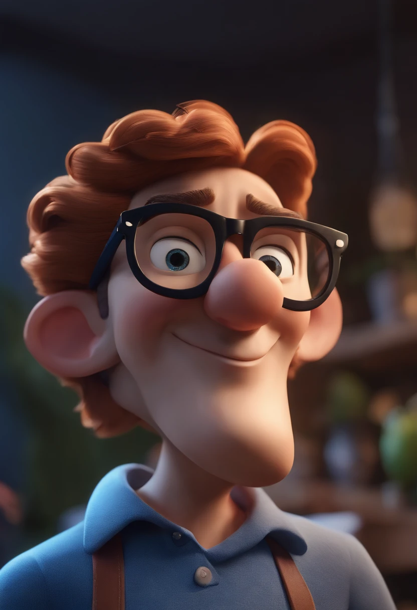 Cartoon character of a man wearing black glasses and a blue shirt, um personagem animado, Caractere estilizado, animation style rendering, 3D estilizado, Arnold Maya render, 3 d render stylized, toon render keyshot, Personagem 3D, Personagem 3D, 3d rendering stylized, 3 d character render, personagem de desenho animado, Personagem de close up, Pose de personagem, (Estilo Pixar) (master part:1.2) (Bokeh) (best quality) (pele detalhada) (textura detalhada) (8k) (argila) (Cinematic lighting) (foco nítido，Senta e vaza a parte superior do corpo