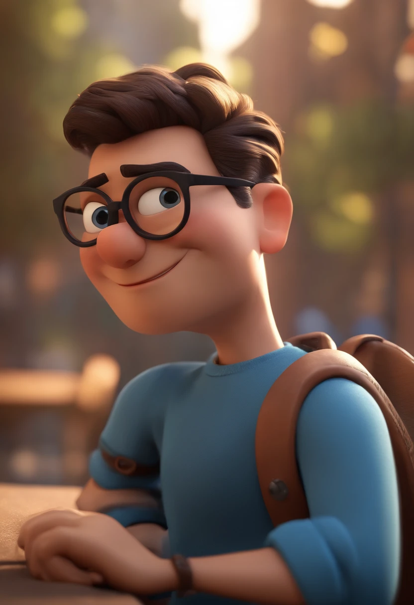 Cartoon character of a man wearing black glasses and a blue shirt, um personagem animado, Caractere estilizado, animation style rendering, 3D estilizado, Arnold Maya render, 3 d render stylized, toon render keyshot, Personagem 3D, Personagem 3D, 3d rendering stylized, 3 d character render, personagem de desenho animado, Personagem de close up, Pose de personagem, (Estilo Pixar) (master part:1.2) (Bokeh) (best quality) (pele detalhada) (textura detalhada) (8k) (argila) (Cinematic lighting) (foco nítido,Senta e vaza a parte superior do corpo