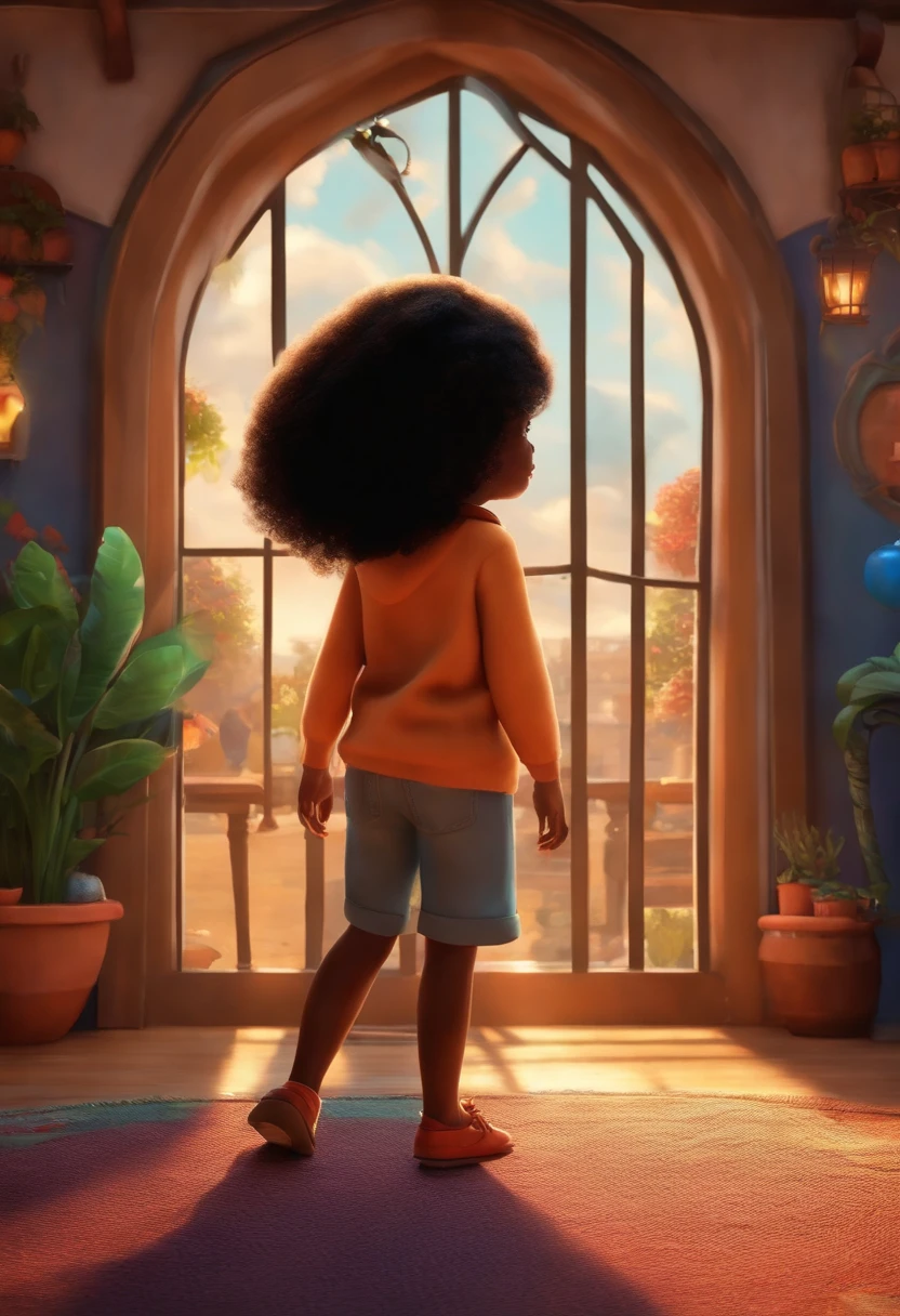 Um filme inspirado na Disney Pixar ( NEGRA JOVEM COM CABELO LONGO CACHEADO PRETO) dentro A cena estar na arte distinta do estilo PIXAR, descolada e estilosa