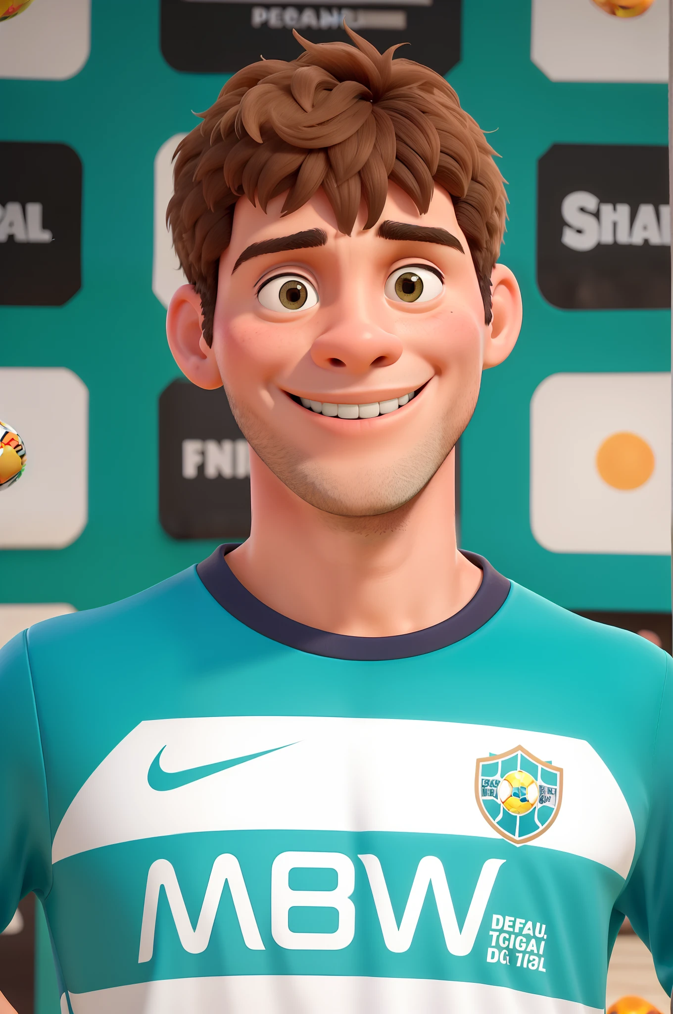 Obra-prima, de melhor qualidade, uma jogador futsal com estilo , with ball in foot com ar de crianca ao estilo pixar