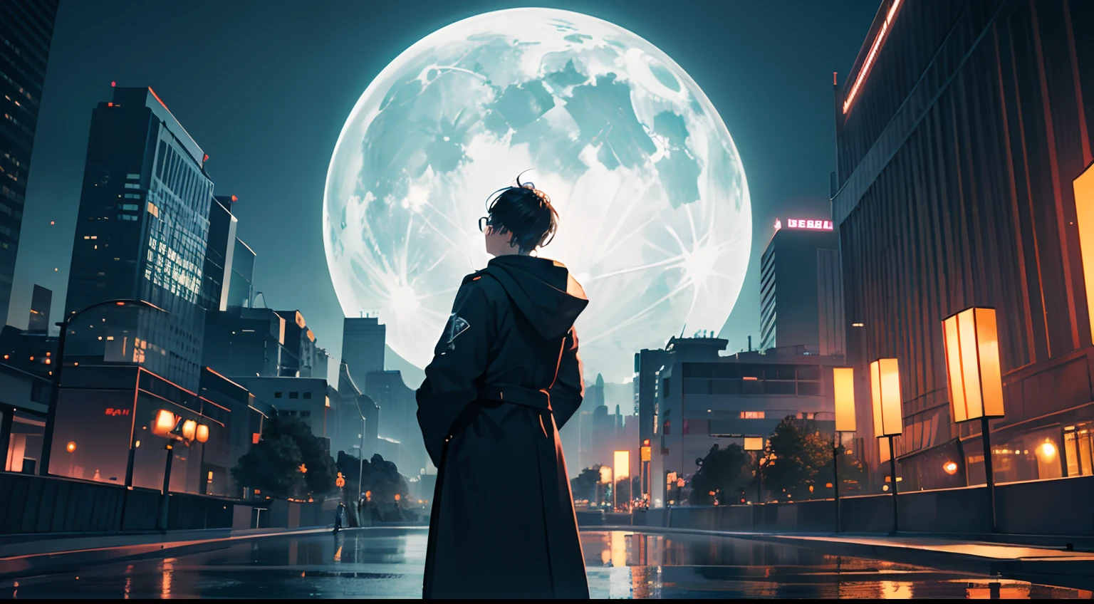 Expansive landscape photograph, (view from far away with a view of the sky and neon buildings below), a guy standing looking up the sky, 25 year old guy, short hair, black hair, glasses, loose hooded attire, dark brown skin, (full moon: 1.2), (shooting star: 0.9), (nebula: 1.3), distant buildings, tree break production art, (warm light source: 1.2), (firefly: 1.2, purple and orange, intricate detail, volume lighting, realism break (masterpiece: 1.2) (Best Quality), 4K, Ultra-Detailed, (Dynamic Configuration: 1.4), Highly Detailed and Colorful Details, (Iridescent Colors: 1.2), (Glowing Lighting, Atmospheric Lighting), Dreamy, Magical, (Solo: 1.2), tokyo