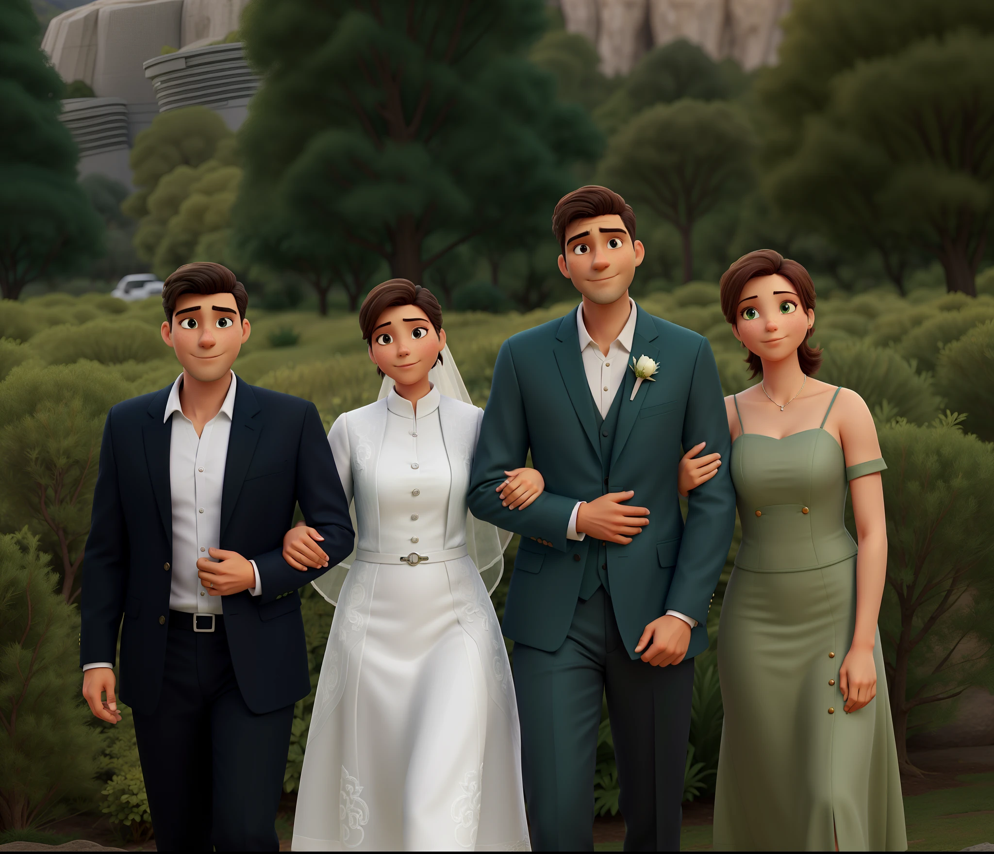 4 pessoas, o primeiro homem, de 1,70m moreno, Short hair with thin beard in dark gray suit without tie white shirt with first buttons open arm in arm with a woman of 1,70m , cabelo castanho escuro, preso com veu branco, White Long Sleeve Long Sleeve Arms Wedding Dress Men 1,90m, Teal suit arm in arm with woman of 1,70m cabelo castanhos claros compridos, presos na parte de cima, olhos verdes , Olive green strappy dress