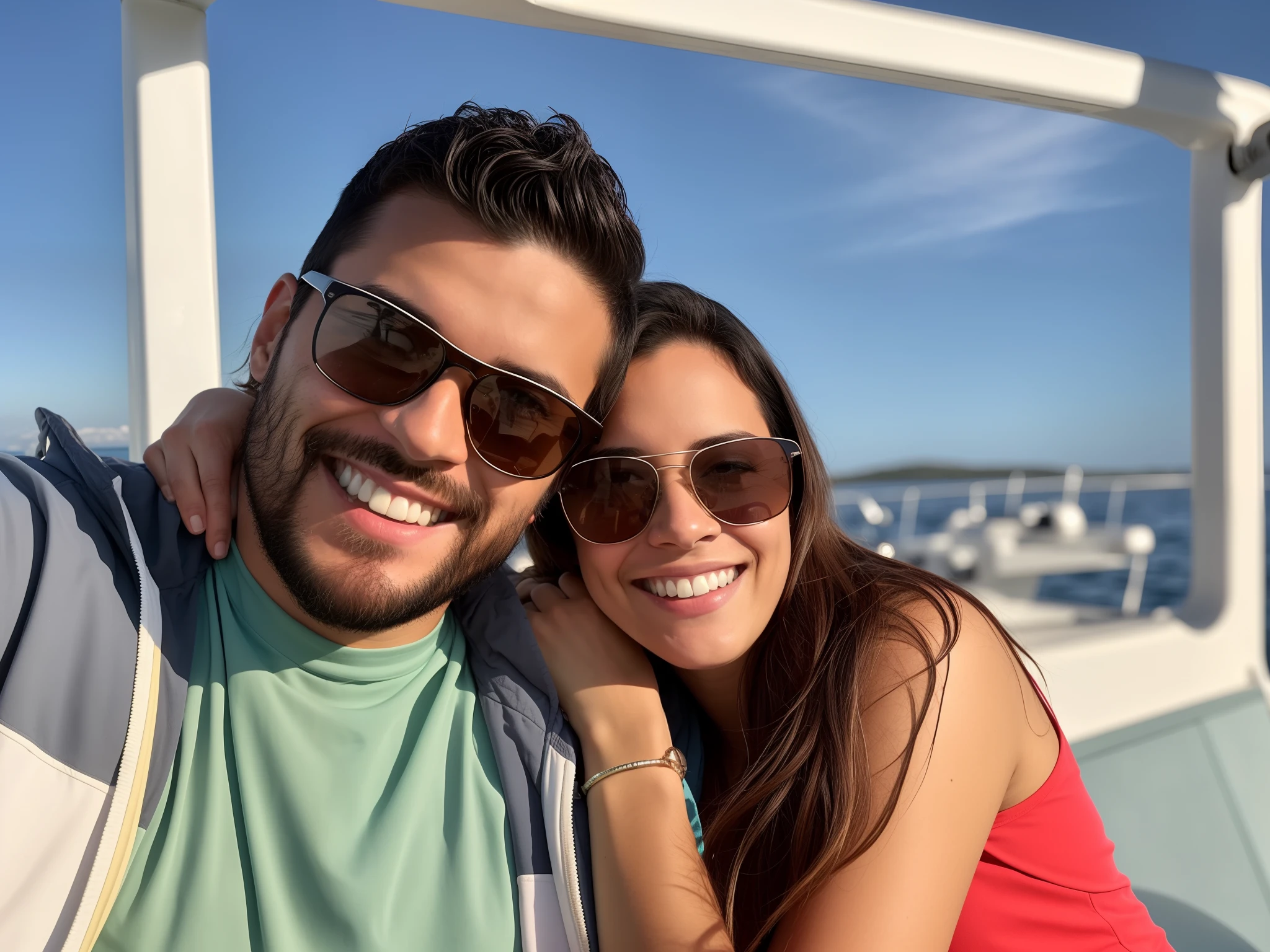 Smiling couple taking selfie on a boat with a clear blue sky, Casal feliz, em um barco, Directed by: Nandor Soldier, vacation photo, imagem de perfil, Directed by: Tom Wänerstrand, casal sorridente, Directed by: Karl Völker, Directed by: Luis Miranda, on the deck of a ship, Directed by: Daniel Lieske, Directed by: Caro Niederer