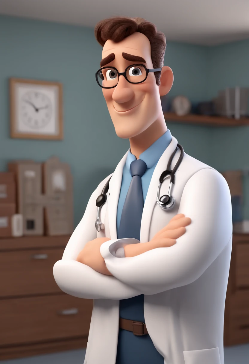Cartoon character of a 45-year-old gynecologist male doctor with blue eyes and big eyelashes, boca desenhada e nariz fino, com cabelo loiro, Inside a Clinical Animation Character, escrever seu nome Dr. Rodrigo Salomon Caractere estilizado, animation style rendering, 3D estilizado, Arnold Maya render, 3 d render stylized, toon render keyshot, Personagem 3D, Personagem 3D, 3d rendering stylized, 3 d character render, personagem de desenho animado, Personagem de close up, Pose de personagem, (Estilo Pixar) (master part:1.2) (Bokeh) (melhor qualidade) (pele detalhada) (textura detalhada) (8k) (argila) (Cinematic lighting) (foco nítido