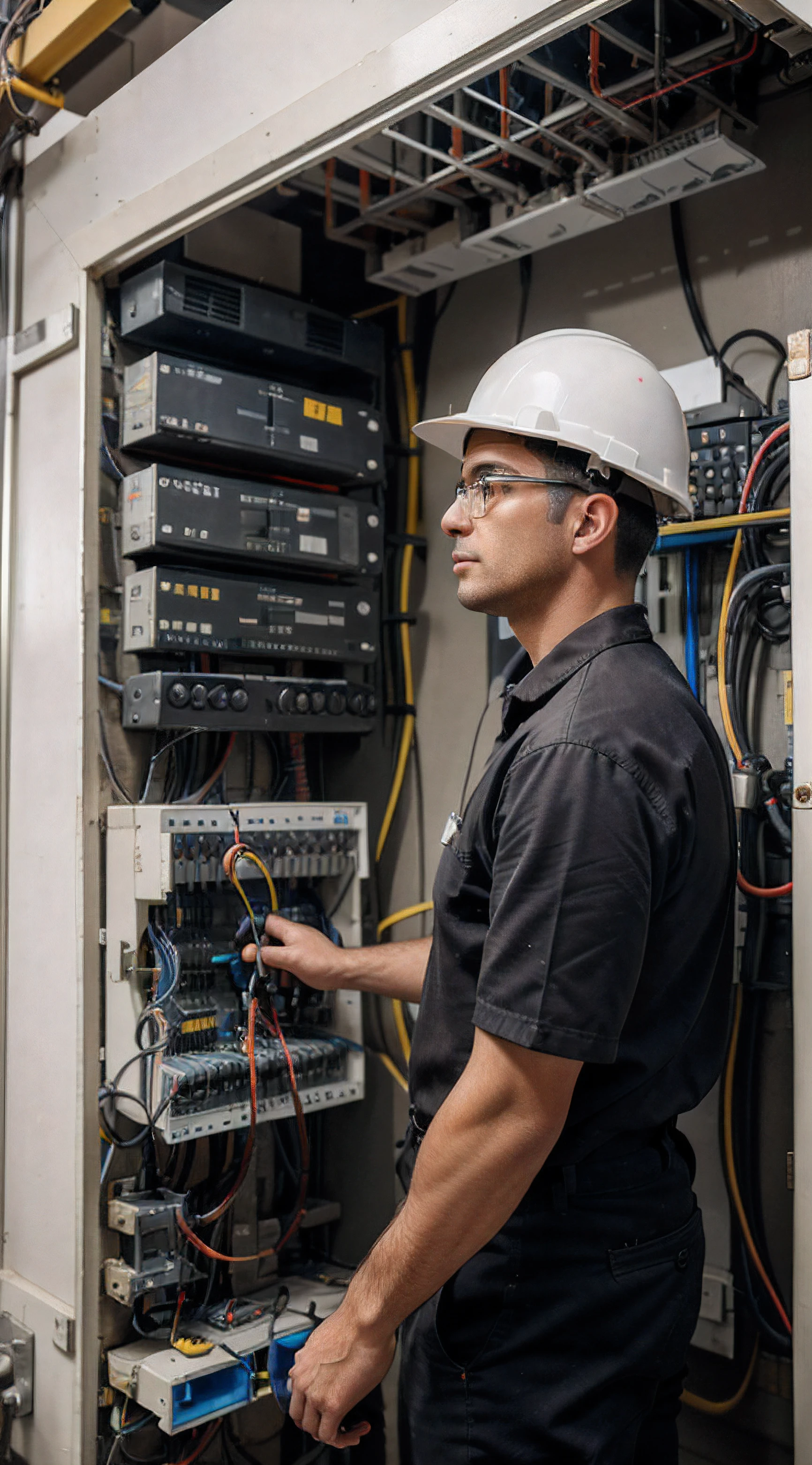 A boy with a hard hat and toolbox, focused and confident, examining electrical wiring, beautiful detailed outlets, intricate wiring connections, detailed electrical panel, realistic construction site with other workers, professional quality tools, bright and vibrant colors , realistic lighting, HDR effects, ultra-detailed electrical diagrams and labels, high-quality resolution (4k, 8k), studio lighting, clear and sharp focus, physically based rendering, accurate measurements and positioning, comprehensive safety precautions, technology and equipment advanced, innovative solutions, smart and efficient electrical designs, reliable electrical systems, seamless integration of electrical components, smooth and organized wire routing, intuitive user interface to control electrical systems, energy-saving features, efficient power distribution, layouts optimized circuit, sustainable and environmentally friendly solutions.