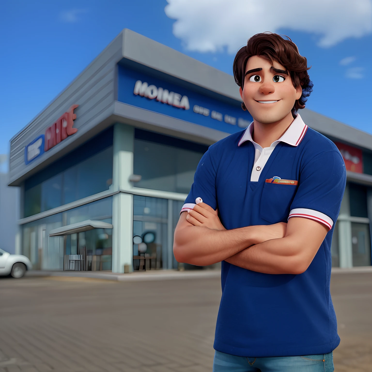 homen moreno, sorrindo, arms crossed,[intense eye contact], imagem inteira como em um cartaz de um filme da disney pixar, (best quality,highres), ultra-detailed, realistic,[vibrant colors],[soft lighting],cartoonish style, large garden background, [flawless complexion], standing confidently, [colorful outfit], magical atmosphere, [lush green foliage], [happiness and joy], [captivating expression], [charismatic presence], [carefully crafted details], [whimsical charm]