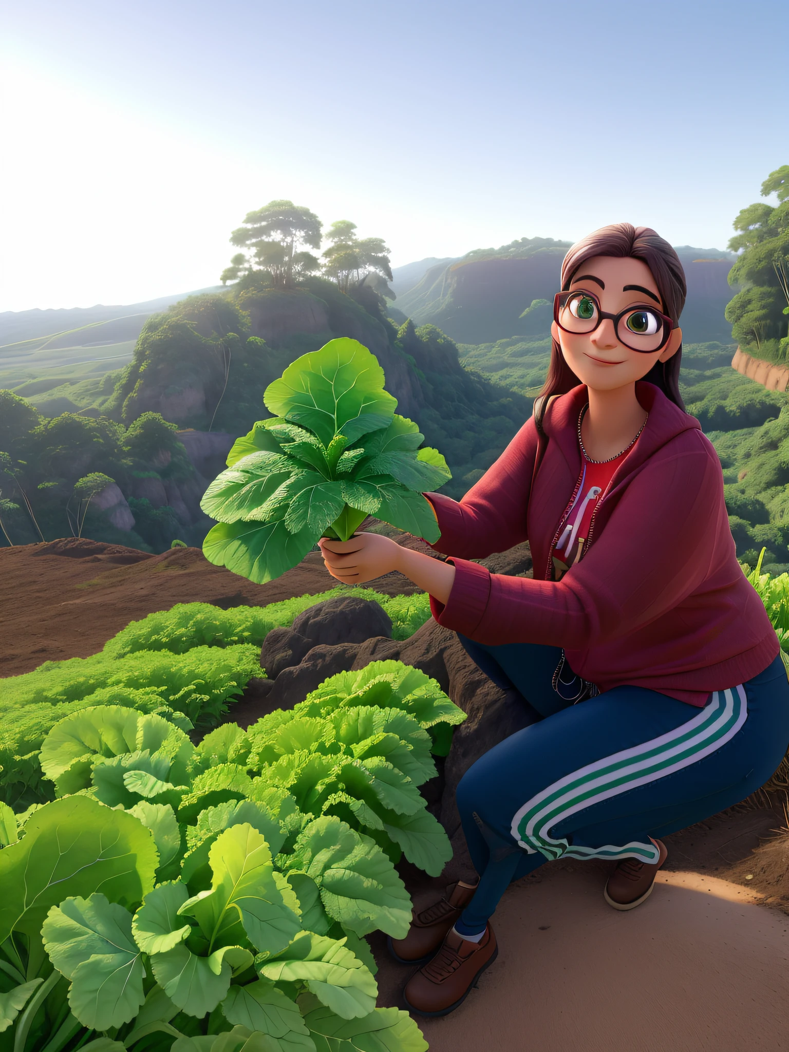 mulher branca agachada sorrindo de oculos cabelo castanho escuro e preso, Holding a stalk of green lettuce leaves, Near the green lettuce plantation, com montanha ao fundo, por do sol ao fundo, estilo pixar, Best Definition, highes definition