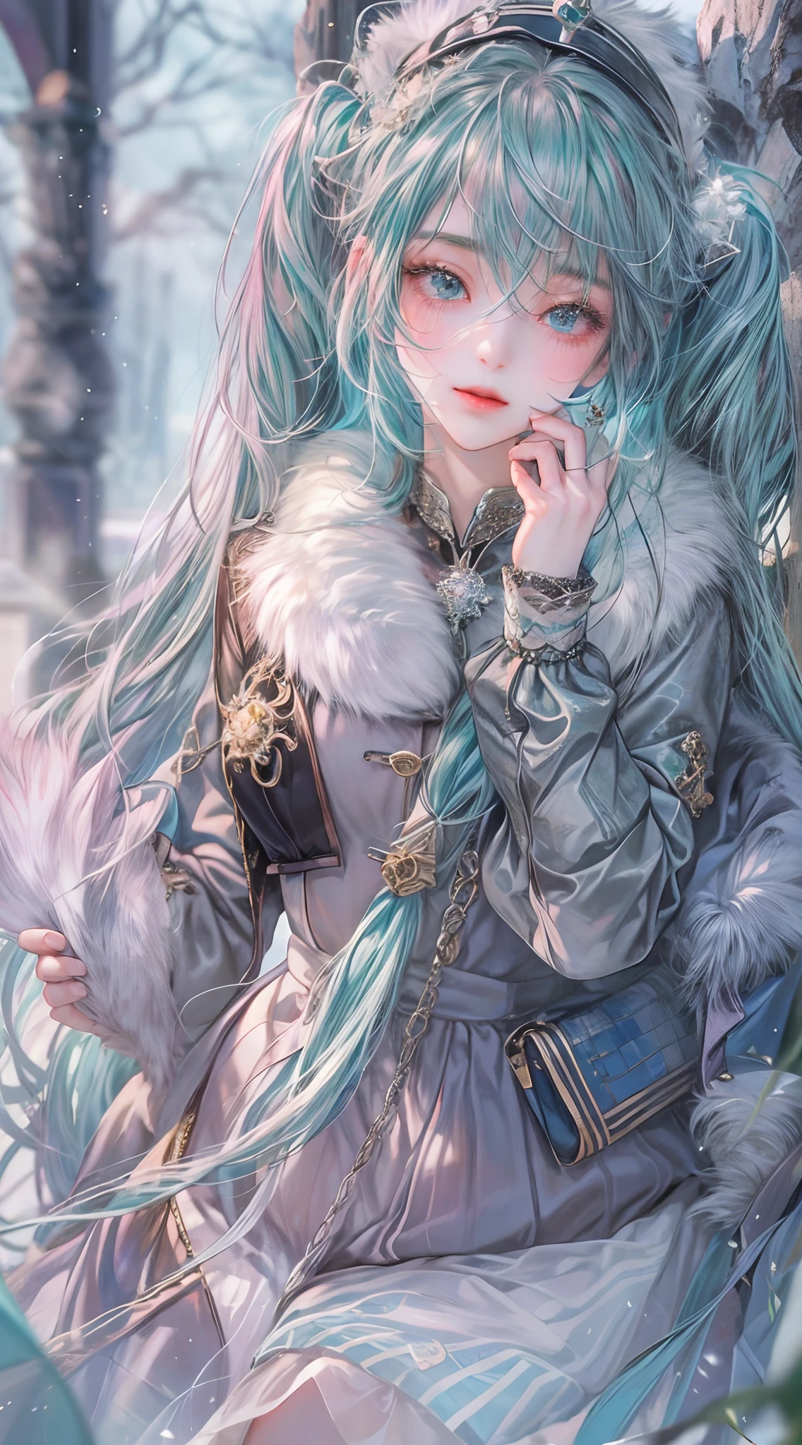 Absurdres masterpiece HDR high quality picture of Hatsune Miku, very young age girl with detailed face, simple hair design , beautiful face, simple pose hands hiding in her long hair and clothes, very long hair, ((random hair style:1 )) , anime eyes, light skin ,
Winter clothes outfit , detailed hair ornaments , winter muffs and fur hat, beautiful background, masterpiece scenery