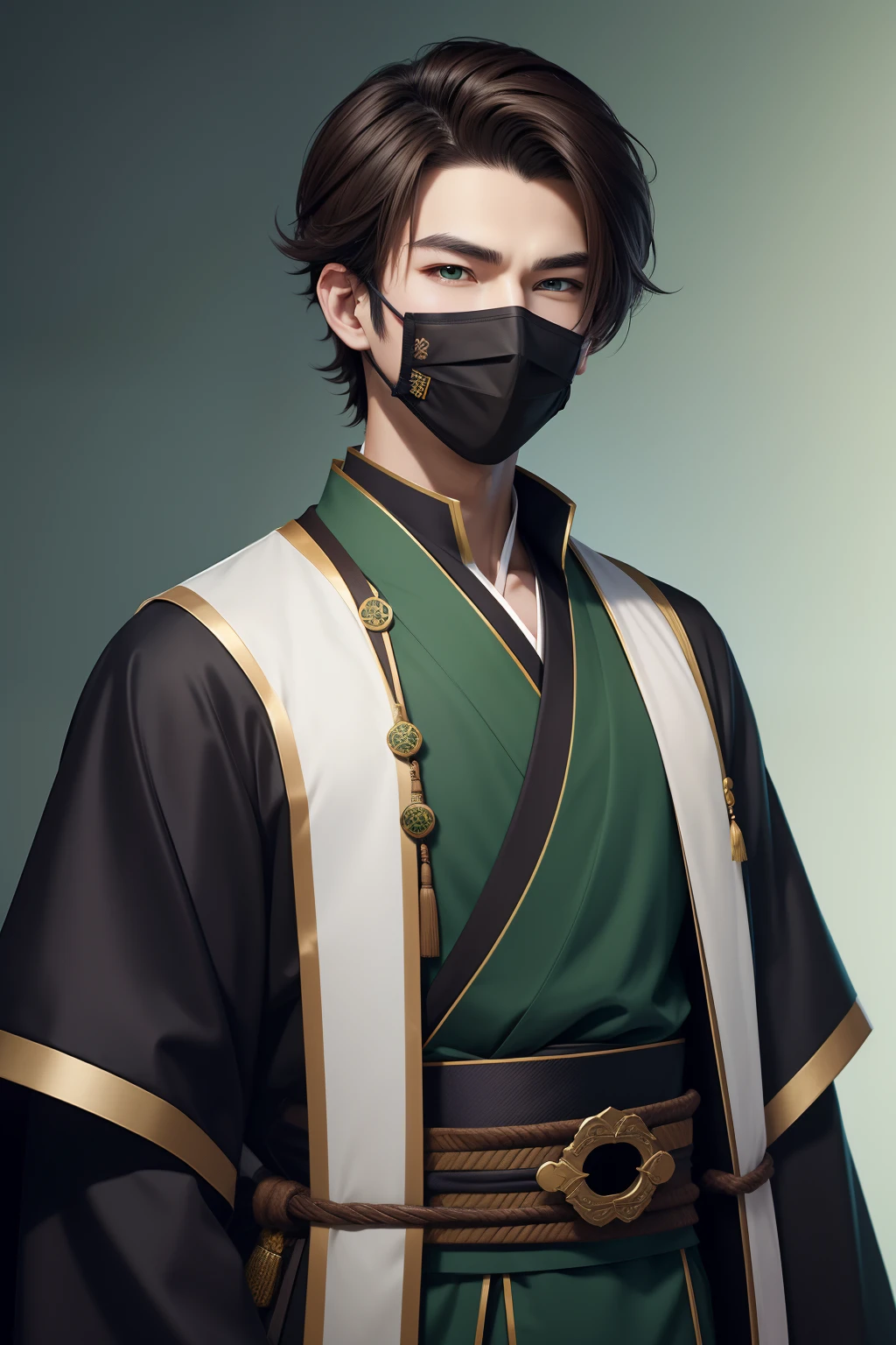 ​masterpiece）8K分辨率、top-quality、An onmyoji man performing techniques、Handsome young man with brown short hair and green eyes。Model style、Japan style anime、face covered, face mask,