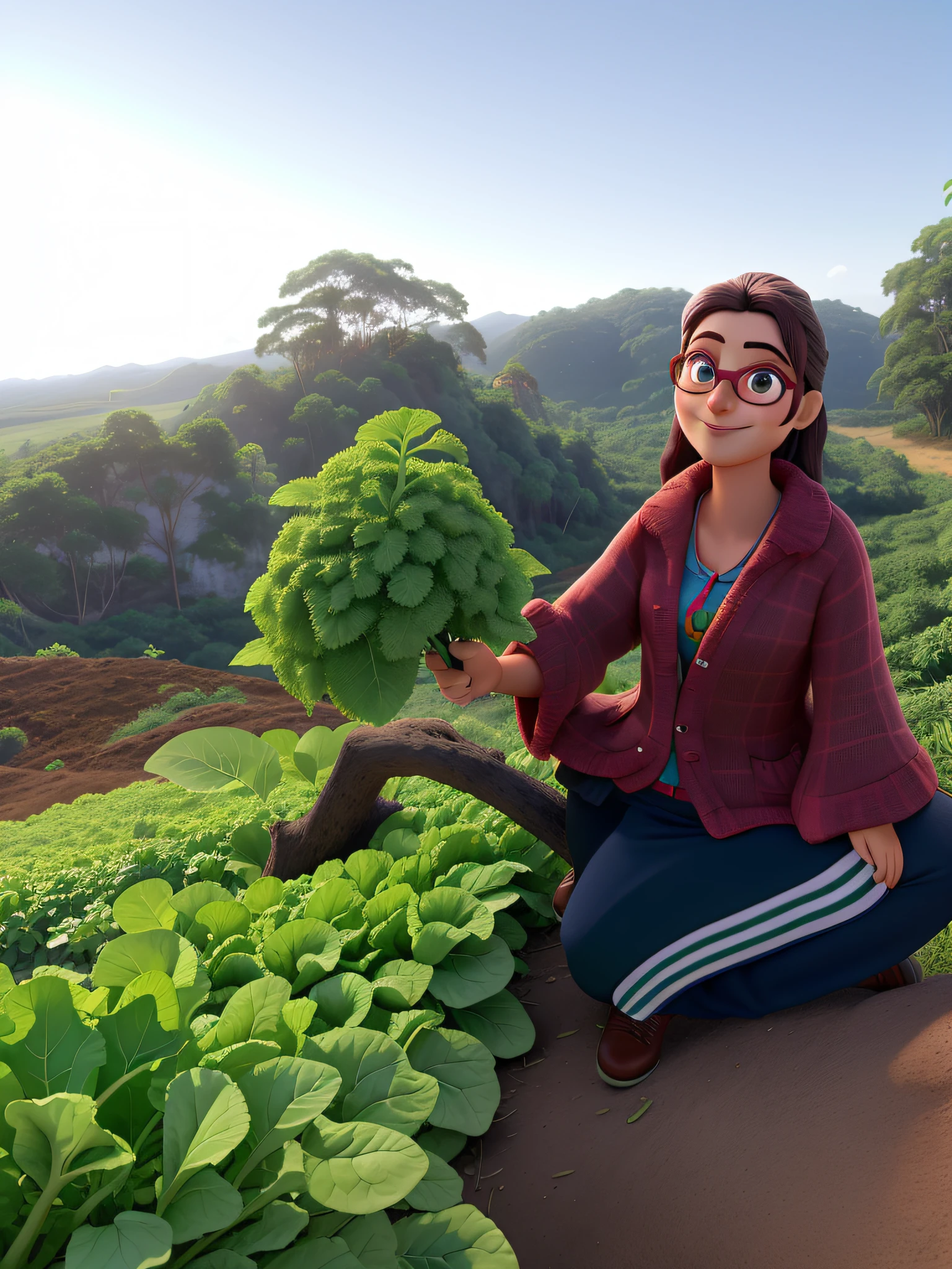 mulher branca agachada sorrindo de oculos cabelo castanho escuro e preso, Holding a stalk of green lettuce leaves, Near the green lettuce plantation, com montanha ao fundo, por do sol ao fundo, estilo pixar, Best Definition, highes definition