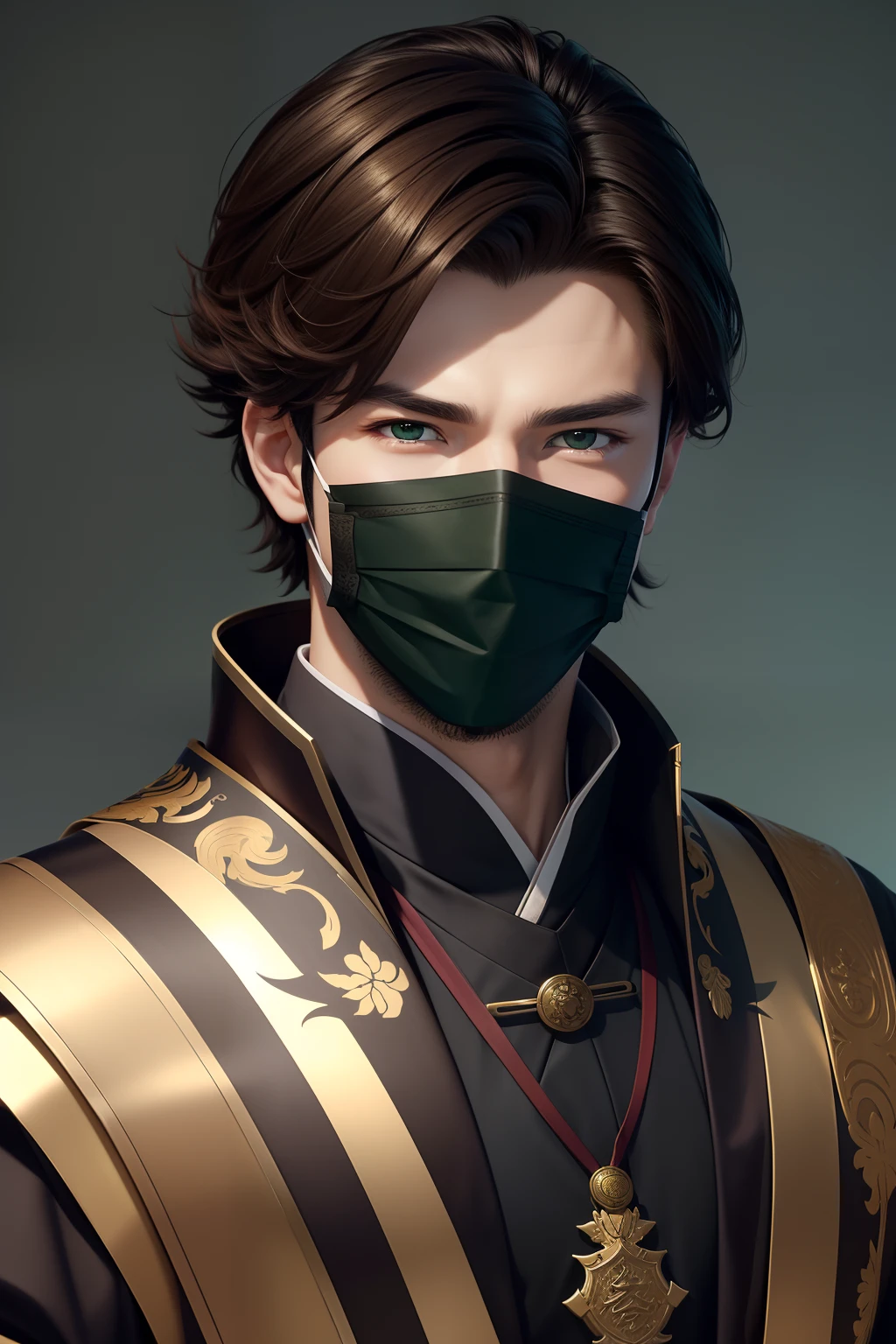 masterpiece)8K分辨率、top-quality、An onmyoji man performing techniques、Handsome young man with brown short hair and green eyes。Model style、Japan style anime、face covered, face mask,