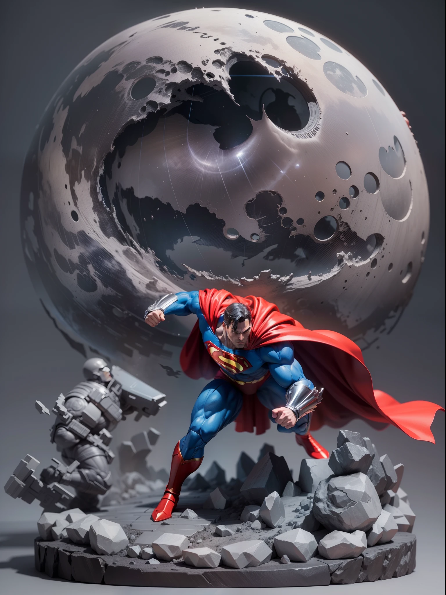 Superman black, intense fight scene, 3D model figure, toy , gray background, studio soft lights, 3d moon figure, 3D toys model, best quality, ultra detailed, masterpiece collection
