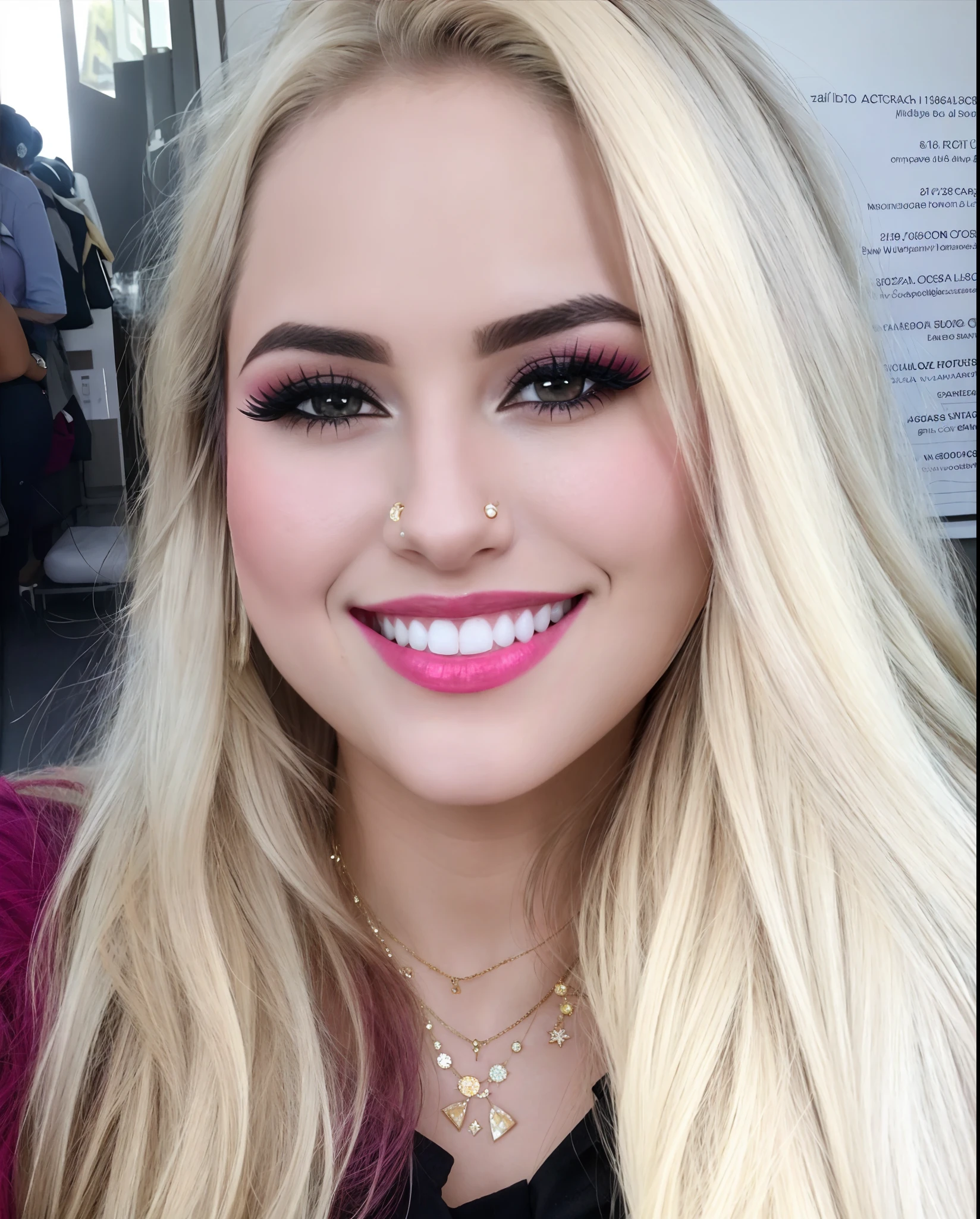 mulher loira com batom rosa brilhante