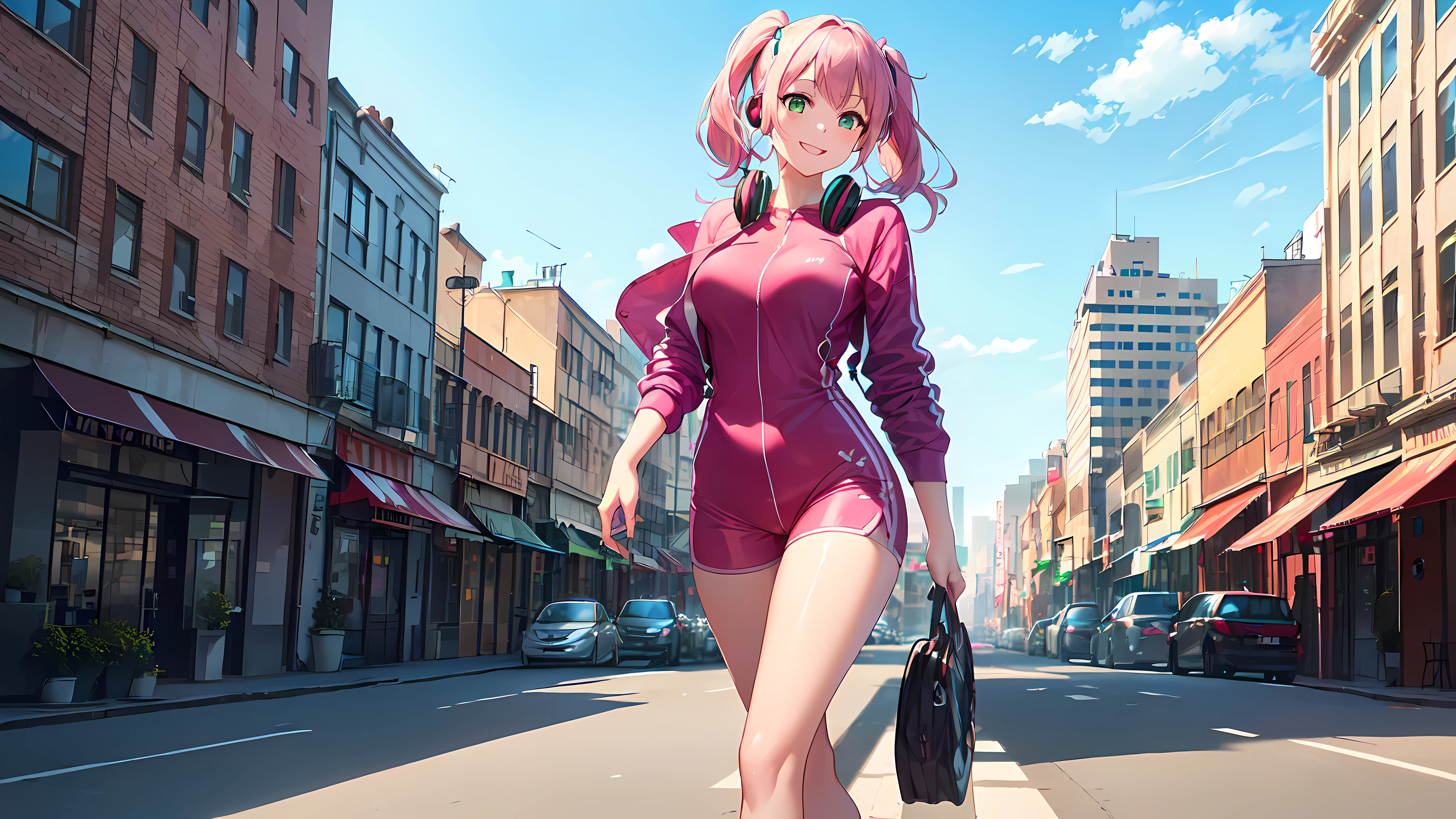 masterpiece, 1girl ((20year old, dressed in a tight 1 piece shorts romper, sneakers, medium breasts, multicolor pink hair, twin ponytails, perfect model body, green eyes:1.5, flirting, happy, big smile, wearing headphones, looking at viewer, walking down a busy city street:1.2, with tall buildings in the background:1.3, fun and exciting atmosphere:1.2)) ((solo:1.6))