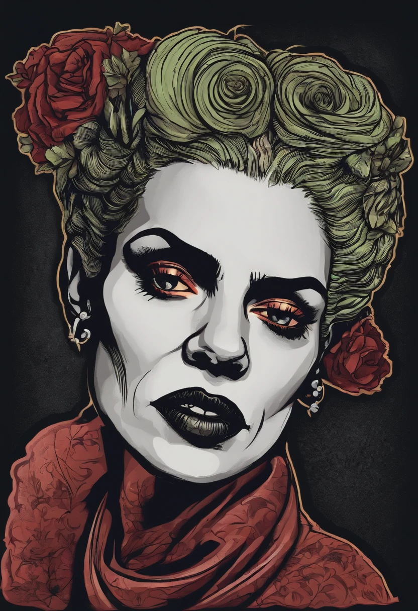 /imagine prompt: bride of Frankenstein illustration for a sticker with a black background, in bold outline style, jagged edges, trashcore, light shading --v 5.2