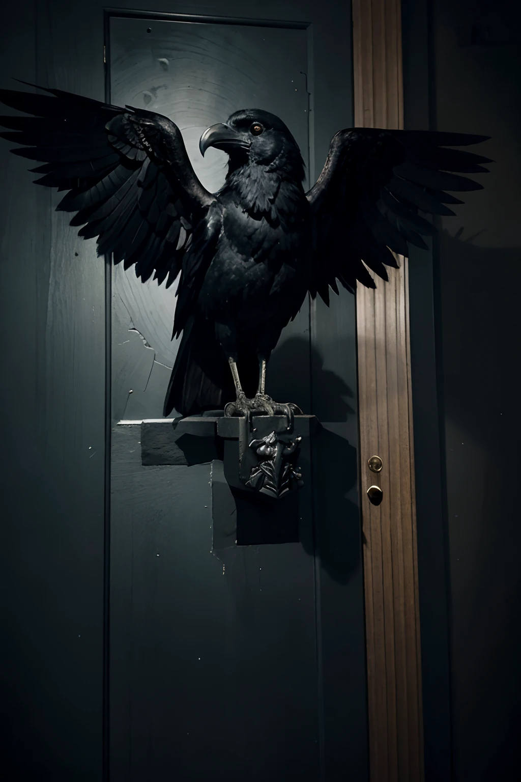 the raven stands on The bust of Athena above a room door close-up in a mysterious and eerie atmosphere