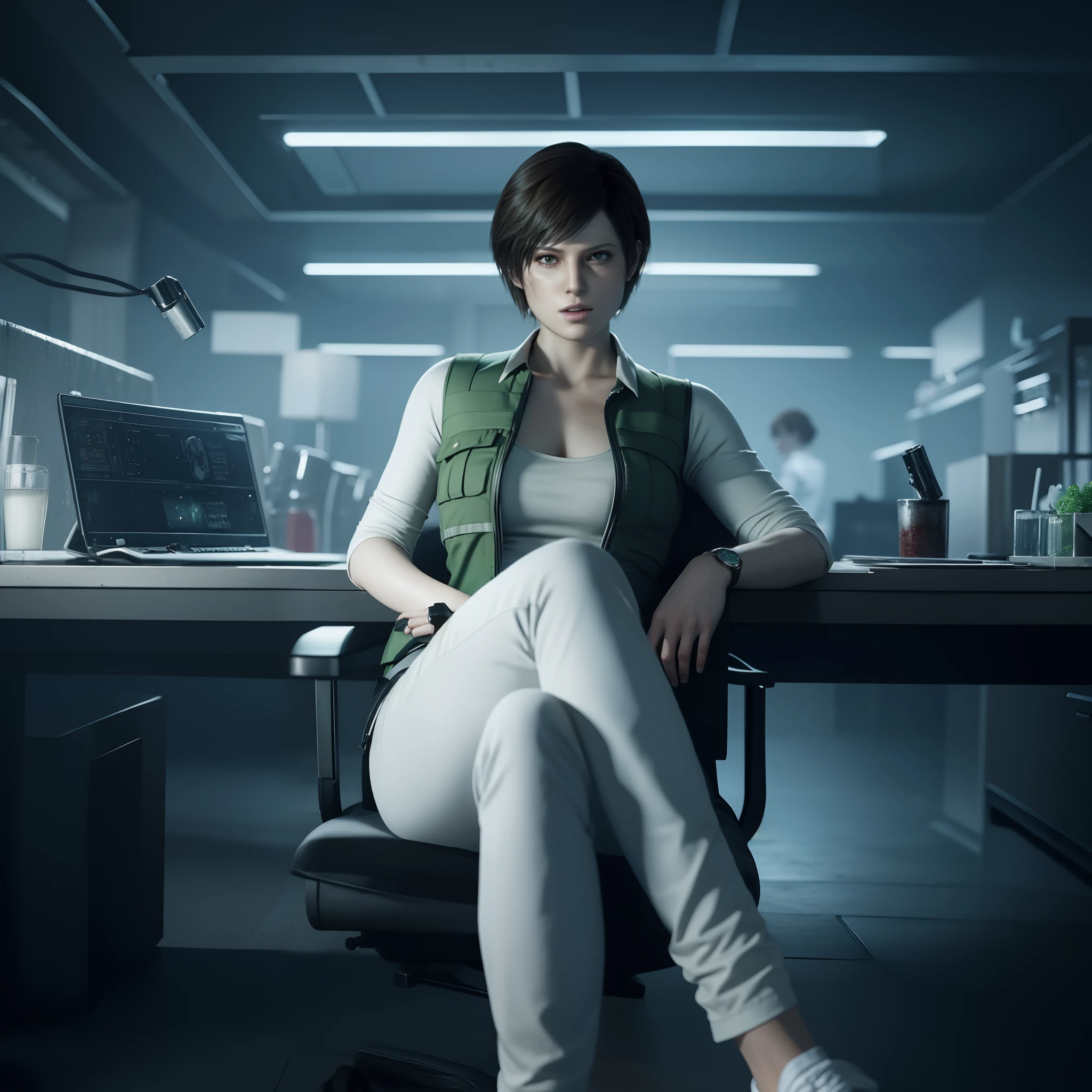 Best quality, ((Rebecca chamber from resident evil)), short  hair, white jeans, beautiful face, shy expression, green vest