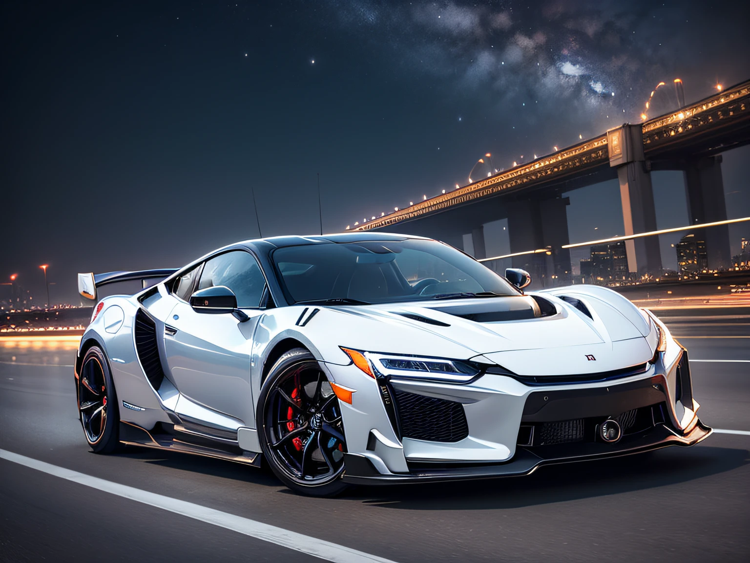 超A high resolution、An ultra-high picture quality、8K、Detailed details、marvelous expression、Big city at night、 HondaNSX(Metallic White)Driving on the highway、Turn on the headlights、Ride beautifully through the highway at night、