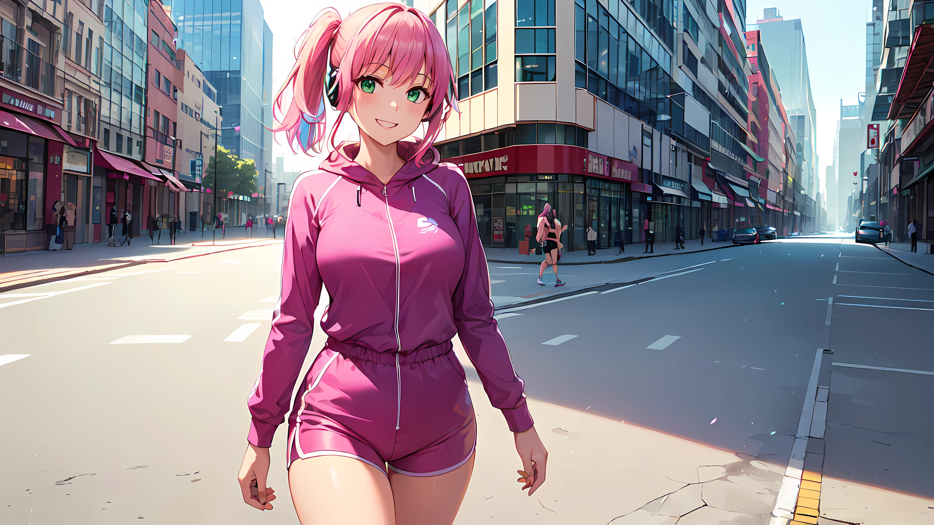 masterpiece, 1girl ((20year old, dressed in a tight 1 piece shorts romper, sneakers, medium breasts, multicolor pink hair, twin ponytails, perfect model body, green eyes:1.5, flirting, happy, big smile, wearing headphones, looking at viewer, walking down a busy city street:1.2, with tall buildings in the background:1.3, fun and exciting atmosphere:1.2)) ((solo:1.6))