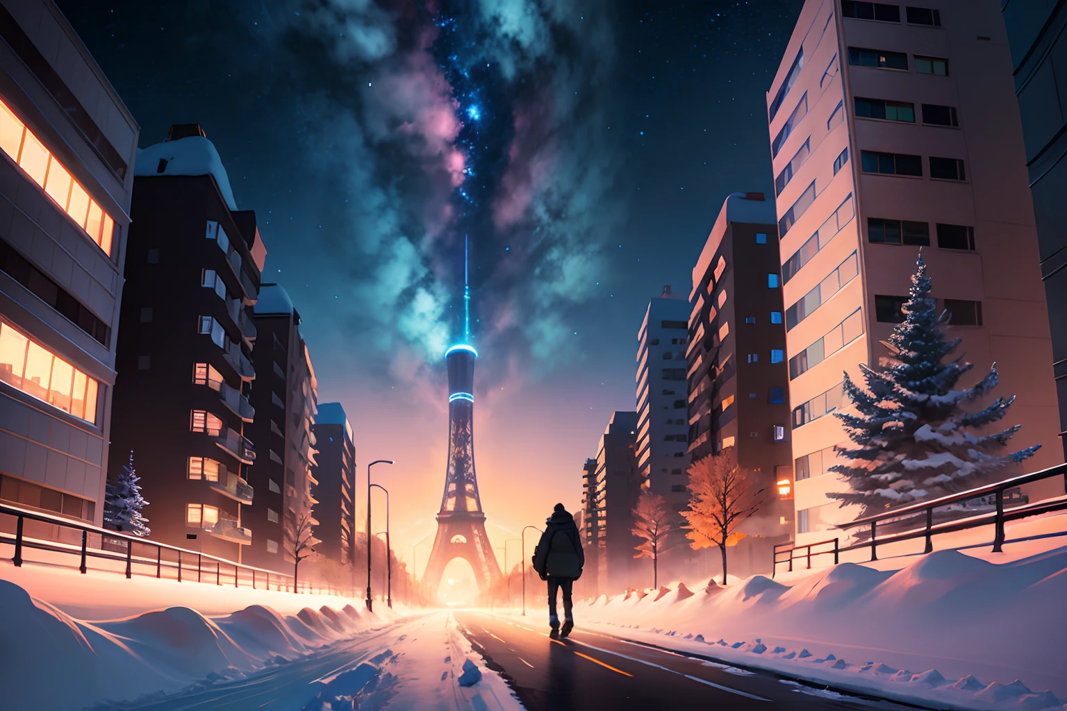 Anime landscape of a city with a tower, a person walking on a snowy path, cosmic sky. By: Makoto Shinkai, beautiful anime scenes, Makoto Shinkai, Cyril Rolando, anime background art, beautiful anime scenery, anime art wallpaper 4k, anime art wallpaper 4k, 4k anime wallpaper, anime wallpaper 4k, anime wallpaper 4k, details Reinforced, perfect detail processing.