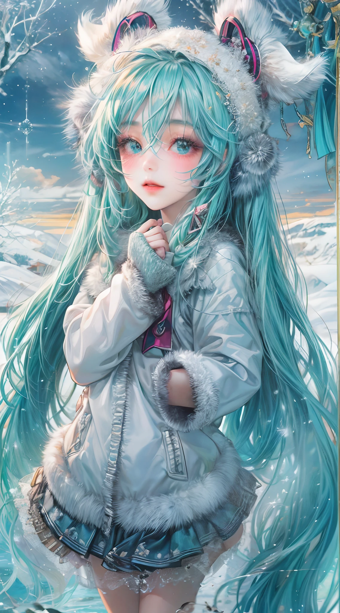 Absurdres masterpiece HDR high quality picture of Hatsune Miku, very girl 14 years ailed face, simple hair design , beautiful face, simple pose hands hiding in her long hair and clothes, very long hair, ((random hair style:1 )) , anime eyes, light skin ,
Winter clothes outfit , detailed hair ornaments , winter muffs and fur hat, beautiful background, masterpiece scenery