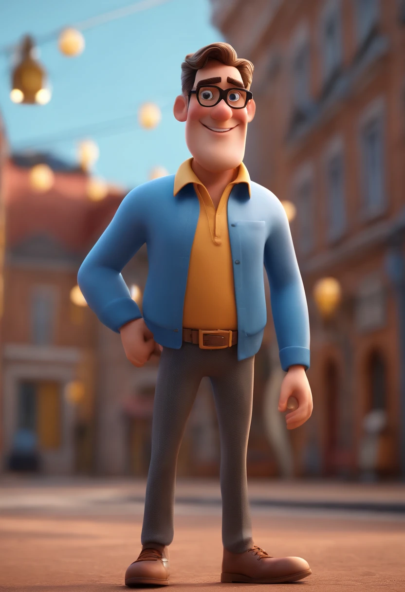 Cartoon character of a man with black glasses and a blue shirt, animation character, Caractere estilizado, animation style rendering, 3D estilizado, Arnold Maya render, 3 d render stylized, toon render keyshot, Personagem 3D, Personagem 3D, 3d rendering stylized, 3 d character render, personagem de desenho animado, Personagem de close up, Pose de personagem, (Estilo Pixar) (master part:1.2) (Bokeh) (best quality) (pele detalhada) (textura detalhada) (8k) (argila) (Cinematic lighting) (foco nítido