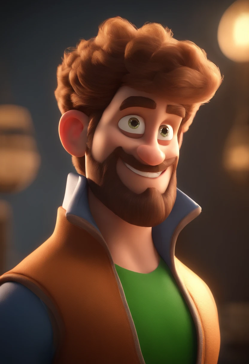 Personagem de desenho animado de um homem, olhos verdes, com uma camisa regata preta, cabelo com topete, Com barba cerrada, animation character, Caractere estilizado, animation style rendering, 3D estilizado, Arnold Maya render, 3 d render stylized, toon render keyshot, Personagem 3D, Personagem 3D, 3d rendering stylized, 3 d character render, personagem de desenho animado, Personagem de close up, Pose de personagem,  (Estilo Pixar) (master part:1.2) (Bokeh) (best quality) (pele detalhada) (textura detalhada) (8k) (argila) (Cinematic lighting) (foco nítido