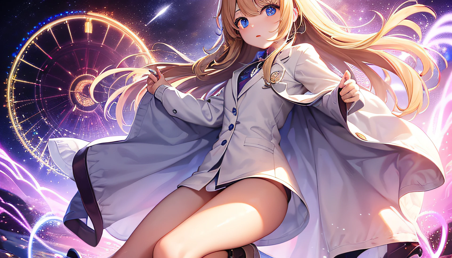 (Masterpiece:1.2),(perfects eyes:1.3) ,Best anime 4k,Best quality ,background cosmos,There's a Milky Way at your feet,UHR,gear wheel,Wearing a white lab coat