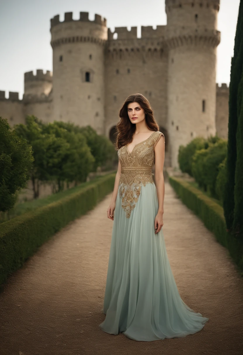Alexandra Anna Daddario in front of a medieval castle, showing her , perfect eyes, beautiful face wear afghan dress