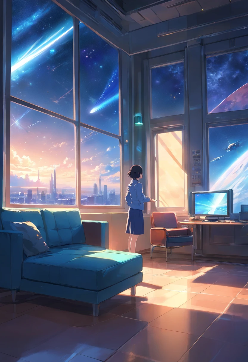 Sala, nave espacial, futurista, bluish lighting, sofa, Window overlooking the space