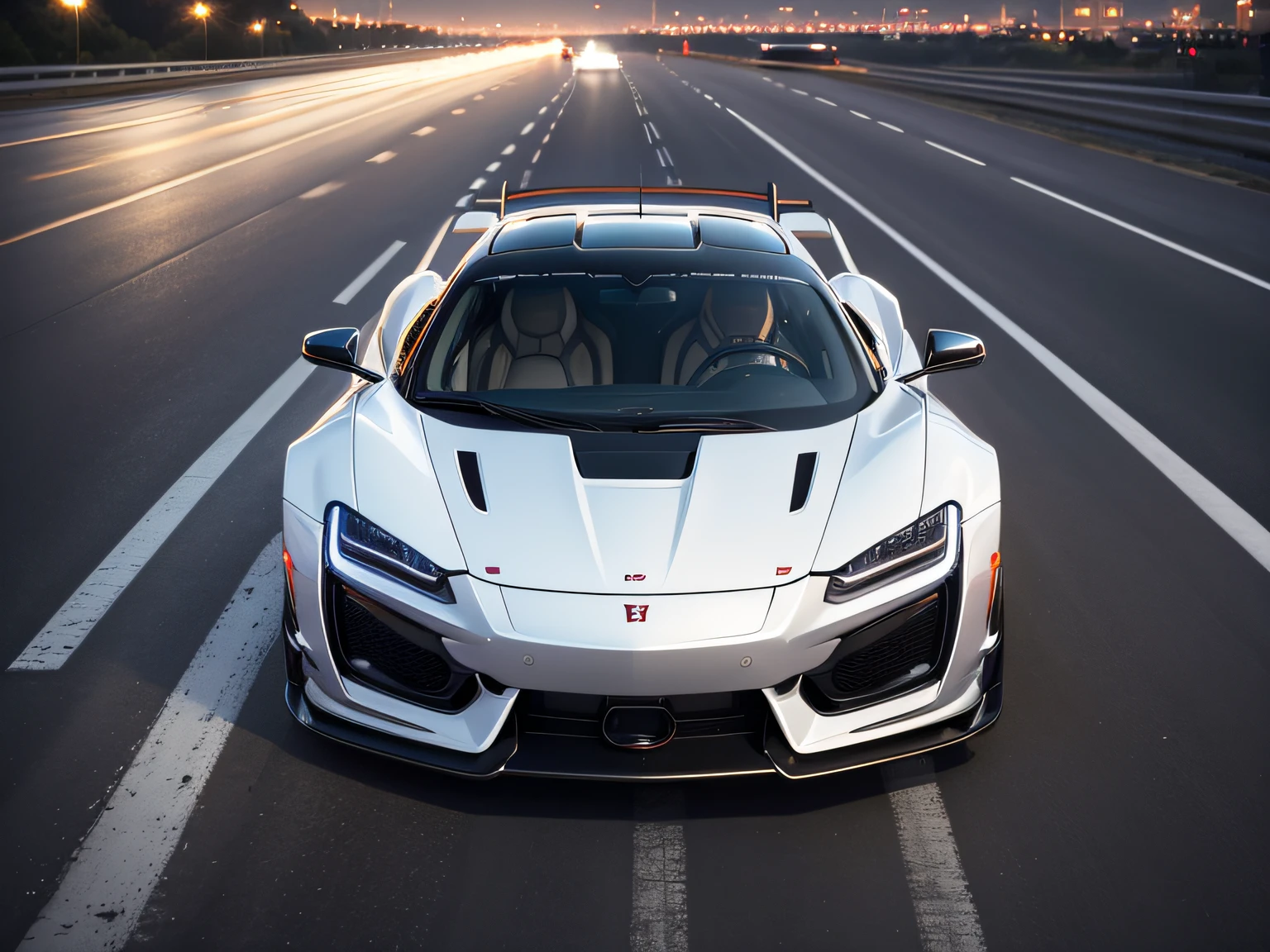 超A high resolution、An ultra-high picture quality、8K、Detailed details、marvelous expression、Big city at night、 HondaNSX(Metallic White)Driving on the highway、Turn on the headlights、Ride beautifully through the highway at night、