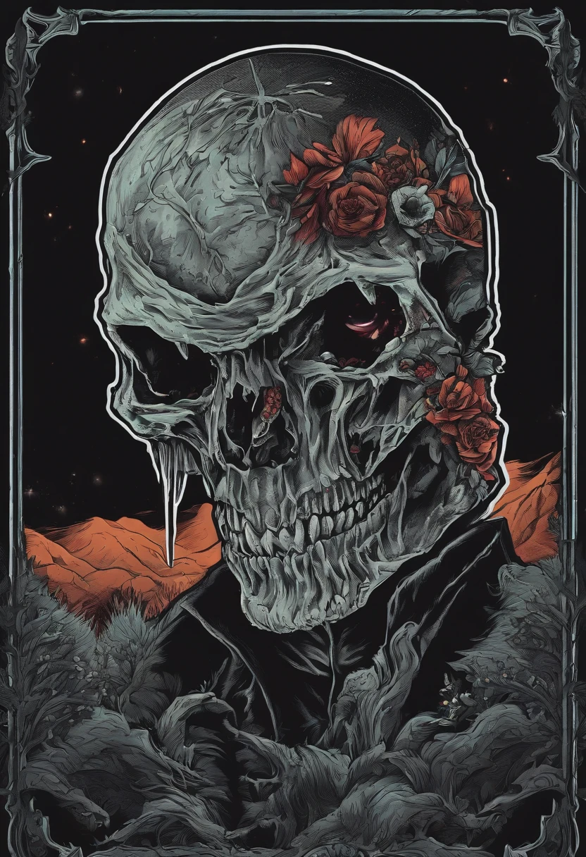 /imagine prompt: ghoul llustration for a sticker with a black background, in bold outline style, jagged edges, trashcore, light shading --v 5.2