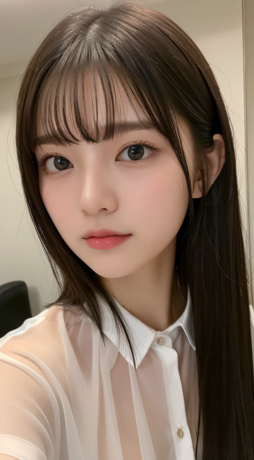 ((top-quality、8K、masterpiece:1.5))、One girl、(Unhealthy face)、(Letter to)、Blunt bangs、(Lots of bangs:1.3)、(full body Esbian:1.4)、(Symmetrical face)、hyperdetailed face、Ultra detailed mouth、A detailed eye、Detailed ears、Slim Faces、(selfee:1.3)、(off shoulders)、(Armpit)、(Looking Up)、(From above)、(Straight long hair、Ahoge:1.3)、(Upper Eyes)、the background is blurred、(Sheer shirt:1.3)、(The shirt shows through and the underwear is visible)、lipgloss、(Beauty Salon)、(turning off lights)、