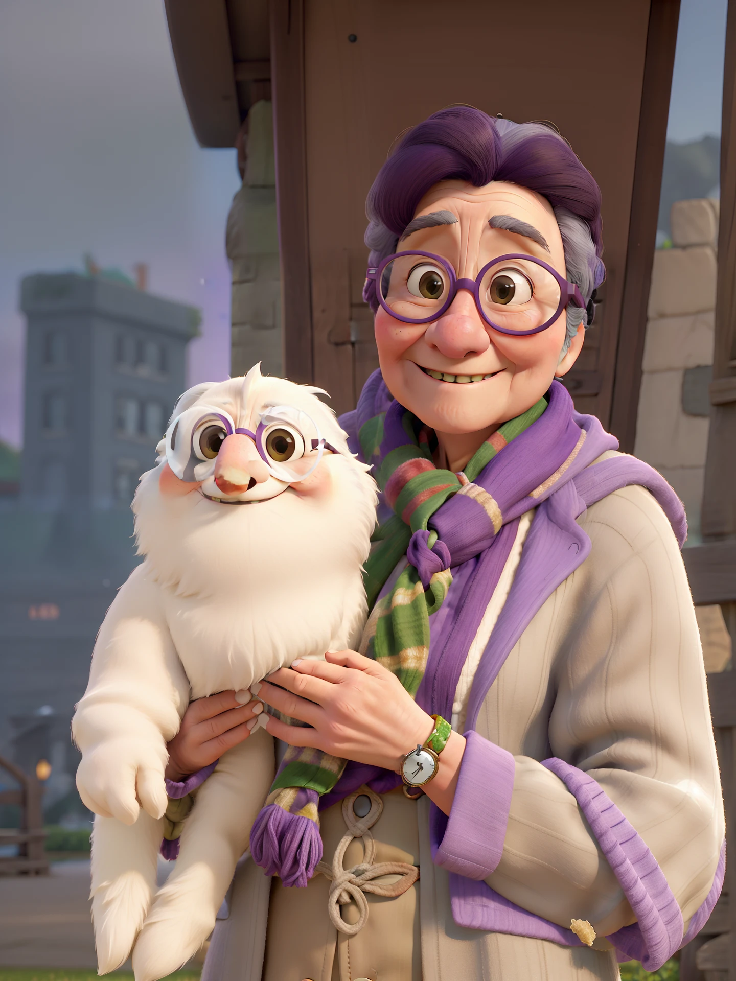 masterpiece, best quality, an old woman with glasses and a scarf on, wearing a purple coat and green scarf, standing at the park