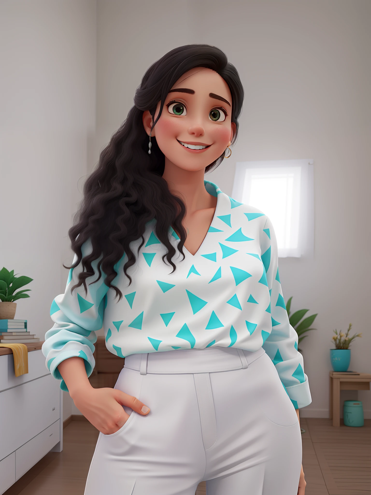 There's a woman standing in a room with a smile, Directed by: Nandor Soldier, Malika Favre, usando uma blusa, white and teal garment, Ayahausca, Adriana DXIM, Frente cheia, Turqouise, Magali, by Amelia Peláez, mar - roupas verdes e brancas, usando um top de grife