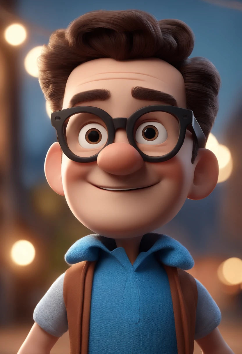 Cartoon character of a man with black glasses and a blue shirt, animation character, Caractere estilizado, animation style rendering, 3D estilizado, Arnold Maya render, 3 d render stylized, toon render keyshot, Personagem 3D, Personagem 3D, 3d rendering stylized, 3 d character render, personagem de desenho animado, Personagem de close up, Pose de personagem,  (Estilo Pixar) (master part:1.2) (Bokeh) (best quality) (pele detalhada) (textura detalhada) (8k) (argila) (Cinematic lighting) (foco nítido