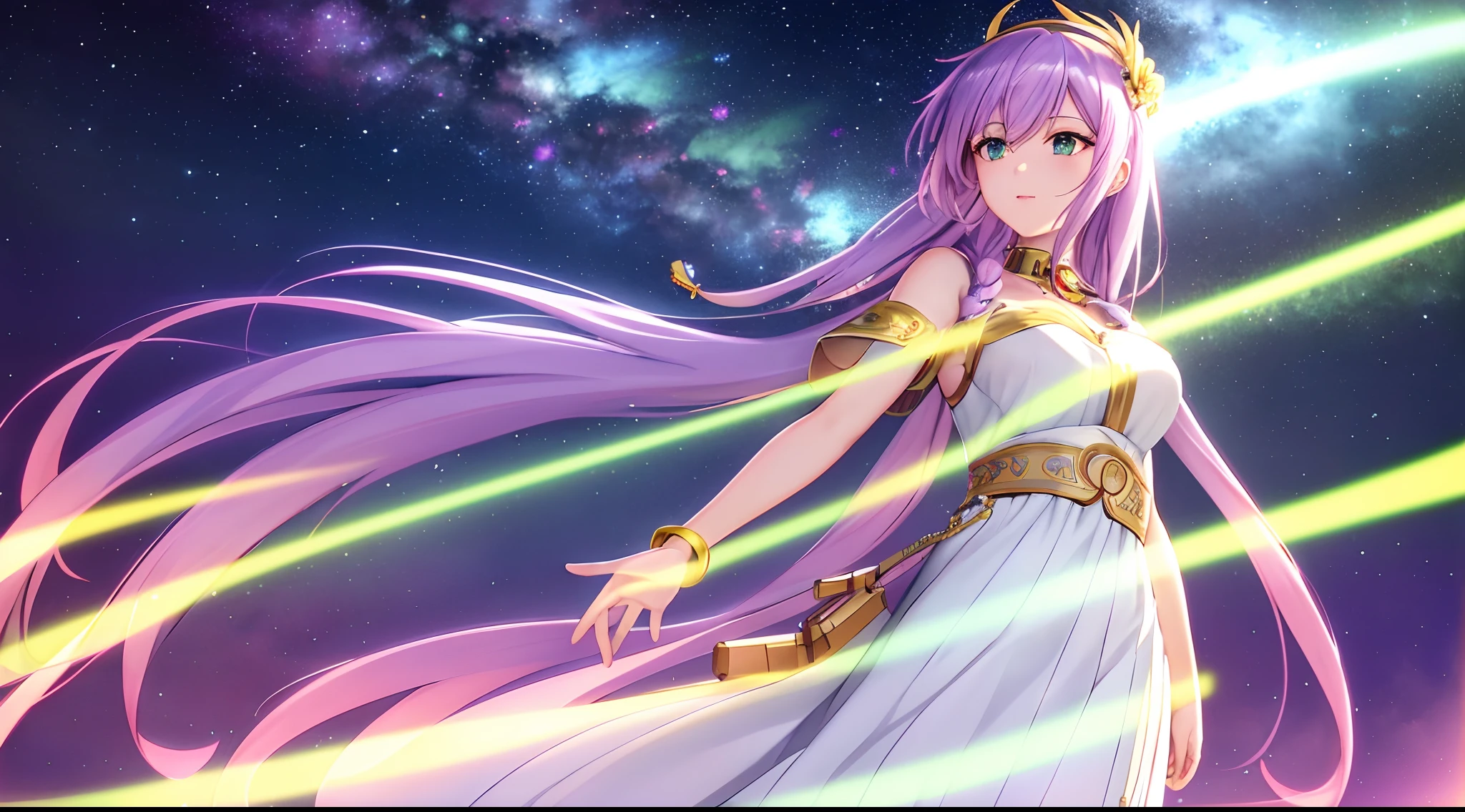 Athena with plain long light purple hair,hair between eyes,green eyes,rosy cheeks,full lips,thin eyebrows,slender body,wearing beads on neck and full long skirt,praying beads on neck,cute anime girl,full body,night sky nebulae in background,anime style,Lumen Reflections,Screen Space Reflections,Diffraction Grading,Chromatic Aberration,GB Displacement,Scan Lines,Ray Traced,Anti-Aliasing,FXAA,TXAA,RTX,SSAO,Shaders,OpenGL-Shaders, GLSL-Shaders,Post Processing,Post-Production,cell Shading,Tone Mapping,CGI,VFX,SFX,insanely detailed and intricate, 4K,standing, solo, masterpiece, best quality, detailed face, detailed eyes, highres, standing, solo,masterpiece, best quality